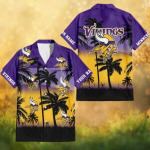 Minnesota Vikings Sunset Palm Trees Purple Personalized Hawaiian Shirt