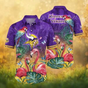Minnesota Vikings Tropical Parrot and Flamingo Jungle Hawaiian Shirt