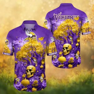 NFL Minnesota Vikings Purple Skull & Pumpkin Halloween Floral Hawaiian Shirt NFL Minnesota Vikings Purple Skull & Pumpkin Halloween Floral Hawaiian Shirt