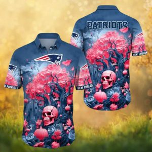 NFL New England Patriots Skull & Pink Floral Tree Halloween Beach Hawaiian Shirt NFL New England Patriots Skull & Pink Floral Tree Halloween Beach Hawaiian Shirt