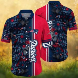 New England Patriots Navy & Red Floral Stripe Hawaiian Shirt NFL Fan Jersey