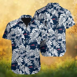 New England Patriots Navy White Hibiscus Leaf Hawaiian Shirt