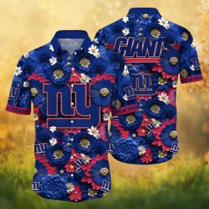 New York Giants 3D Floral Rose Pattern Blue Summer Hawaiian Shirt