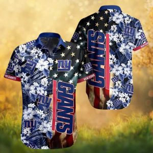 New York Giants Patriotic American Flag Floral Summer Button Up Hawaiian Shirt