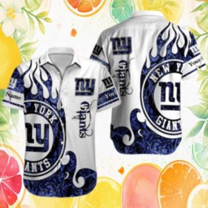 New York Giants Personalized Name Flame Graphic Blue & White Hawaiian Shirt New York Giants Personalized Name Flame Graphic Blue & White Hawaiian Shirt