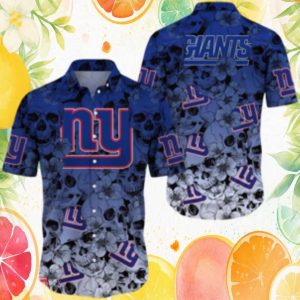 New York Giants Skull & Cherry Blossom Hawaiian Shirt Blue New York Giants Skull & Cherry Blossom Hawaiian Shirt Blue
