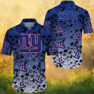 New York Giants Skull & Cherry Blossom Hawaiian Shirt Blue