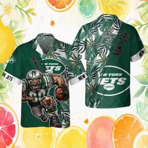 New York Jets Angry Mascot Tropical Palm Leaf NFL Hawaiian Shirt New York Jets Angry Mascot Tropical Palm Leaf NFL Hawaiian Shirt