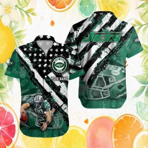 New York Jets Custom Name Football Hawaiian Shirt Action Graphic with Stars & Stripes New York Jets Custom Name Football Hawaiian Shirt Action Graphic with Stars & Stripes