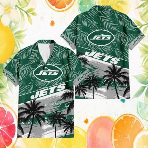 New York Jets Custom Name Summer Beach Palm Tree Hawaiian Shirt New York Jets Custom Name Summer Beach Palm Tree Hawaiian Shirt