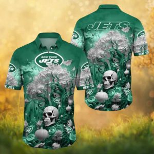New York Jets Ghostly White Floral & Skull Dark Aesthetic Hawaiian Shirt