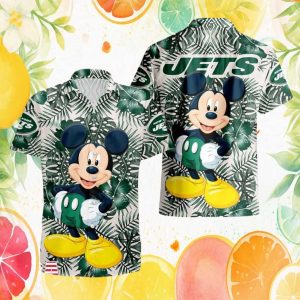 New York Jets Mickey Mouse Tropical Leaves White & Green Hawaiian Shirt New York Jets Mickey Mouse Tropical Leaves White & Green Hawaiian Shirt