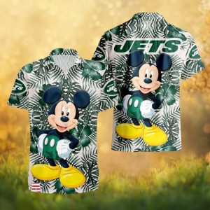 New York Jets Mickey Mouse Tropical Leaves White & Green Hawaiian Shirt