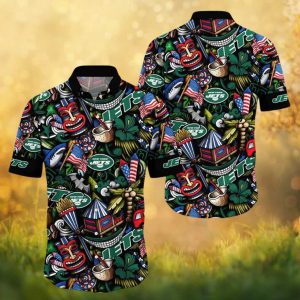 New York Jets Patriotic Tiki Party & American Flag Hawaiian Shirt