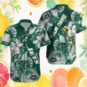 New York Jets Pineapple & Tropical Flower Custom Name Hawaiian Shirt New York Jets Pineapple & Tropical Flower Custom Name Hawaiian Shirt