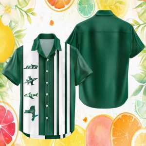 New York Jets Retro Vertical Stripe Bowling Hawaiian Shirt NFL Short Sleeve Button Up New York Jets Retro Vertical Stripe Bowling Hawaiian Shirt NFL Short Sleeve Button Up