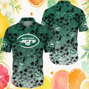 New York Jets Skull & Cherry Blossom Hawaiian Shirt Hunter Green New York Jets Skull & Cherry Blossom Hawaiian Shirt Hunter Green