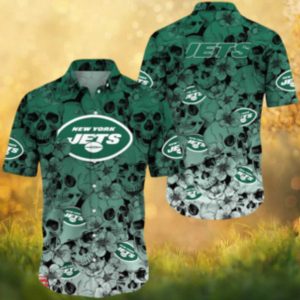 New York Jets Skull & Cherry Blossom Hawaiian Shirt Hunter Green