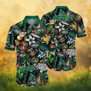 New York Jets Tiki Totem & Volcano Island Graffiti Hawaiian Shirt