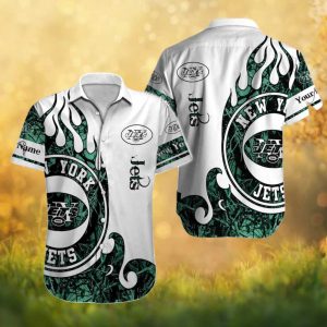 New York Jets Tribal Flame White & Green Personalized Hawaiian Shirt