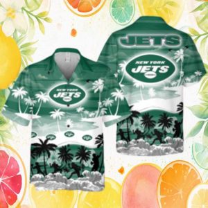 New York Jets Tropical Hawaiian Shirt Sunset Beach Football Scene New York Jets Tropical Hawaiian Shirt Sunset Beach Football Scene