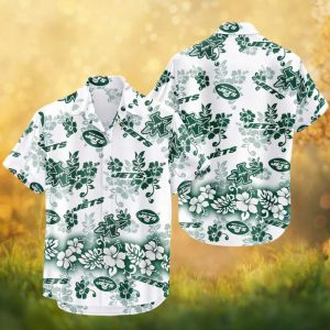 New York Jets Tropical Hibiscus Floral White Teal Hawaiian Shirt