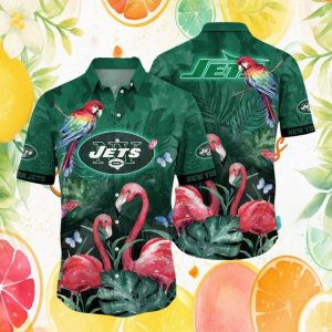 New York Jets Vibrant Parrot and Pink Flamingo Jungle Hawaiian Shirt New York Jets Vibrant Parrot and Pink Flamingo Jungle Hawaiian Shirt