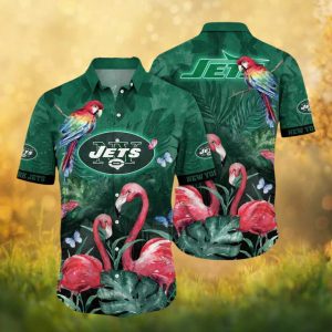 New York Jets Vibrant Parrot and Pink Flamingo Jungle Hawaiian Shirt
