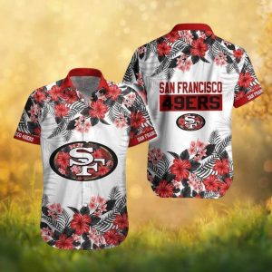 San Francisco 49ers White & Red Hibiscus Floral Summer Button Down Hawaiian Shirt