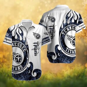 Personalised Tennessee Titans White & Navy Flame Logo Hawaiian Shirt