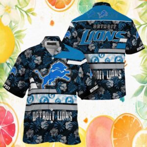 Personalizable Detroit Lions Tropical Floral Hawaiian Shirt Blue Hibiscus Pattern