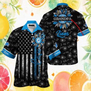 Personalized Detroit Lions Grandpa Sunflower Love Hawaiian Shirt Custom Kids Names