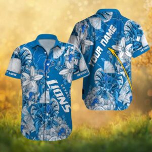 Personalized Detroit Lions Tropical Pineapple Floral Blue Hawaiian Shirt