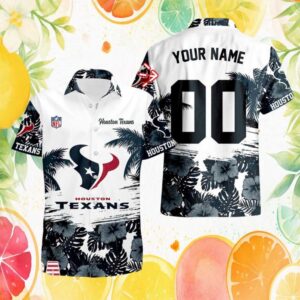Personalized Houston Texans White Tropical Leaf Print Button Down NFL Hawaiian Shirt Personalized Houston Texans White Tropical Leaf Print Button Down NFL Hawaiian Shirt
