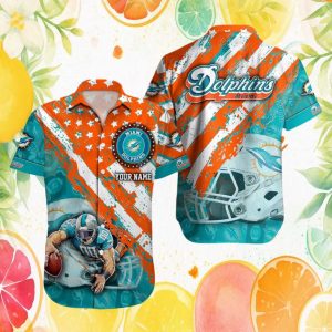 Personalized Miami Dolphins Name Hawaiian Shirt Aqua & Orange Tropical Football Design Personalized Miami Dolphins Name Hawaiian Shirt Aqua & Orange Tropical Football Design