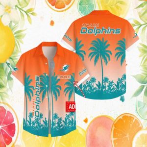 Personalized Miami Dolphins Tropical Sunset Orange & Teal Palm Tree Hawaiian Shirt