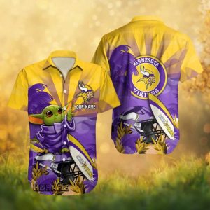 Personalized Minnesota Vikings Baby Yoda Grogu Tropical NFL Hawaiian Shirt Personalized Minnesota Vikings Baby Yoda Grogu Tropical NFL Hawaiian Shirt