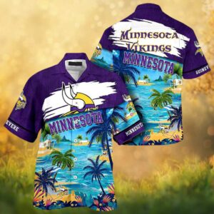 Personalized Minnesota Vikings Hawaiian Shirt Tropical Beach Scene Personalized Minnesota Vikings Hawaiian Shirt Tropical Beach Scene
