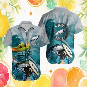 Personalized Philadelphia Eagles Grogu Baby Yoda Teal Beach Hawaiian Shirt