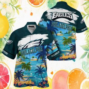 Personalized Philadelphia Eagles Tropical Island Beach Scene Teal Hawaiian Shirt