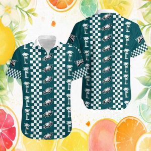 Philadelphia Eagles Checkered Palm Tree Pattern Summer Button Down Hawaiian Shirt