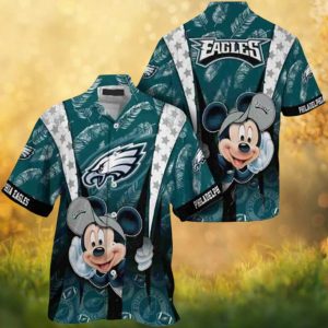 Philadelphia Eagles Mickey Mouse Teal Tropical Leaf Fan Hawaiian Shirt