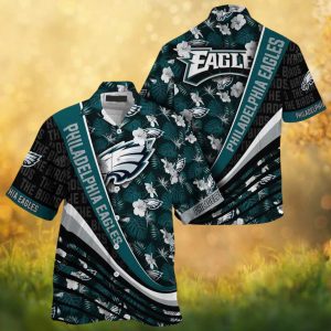 Philadelphia Eagles Midnight Floral Hawaiian Shirt Teal & Black Hibiscus Print