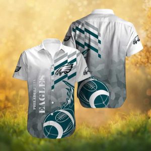 Philadelphia Eagles Modern Geometric Abstract Pattern White & Teal Hawaiian Shirt