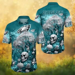 Philadelphia Eagles NFL Gothic Skull & Teal Frost Halloween Hawaiian Shirt