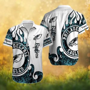 Philadelphia Eagles Personalized Name Flame Graphic Teal & White Hawaiian Shirt