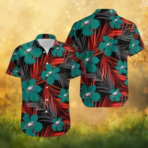 Philadelphia Eagles Red Palm Leaf & Teal Floral Party Hawaiian Shirt