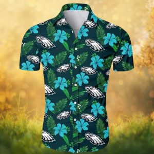 Philadelphia Eagles Teal Paradise Palm Leaf & Hibiscus Hawaiian Shirt