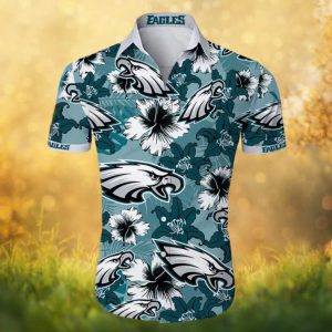 Philadelphia Eagles Teal & White Hibiscus Flower Button Up Hawaiian Shirt