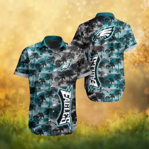 Philadelphia Eagles Tropical Palm Tree Sunset Teal Hawaiian Shirt